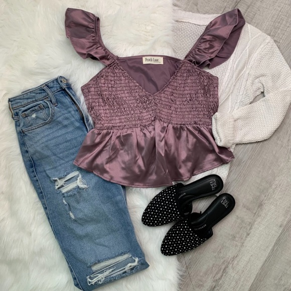 Satin Plum Peplum Ruffle Top - Picture 9 of 10